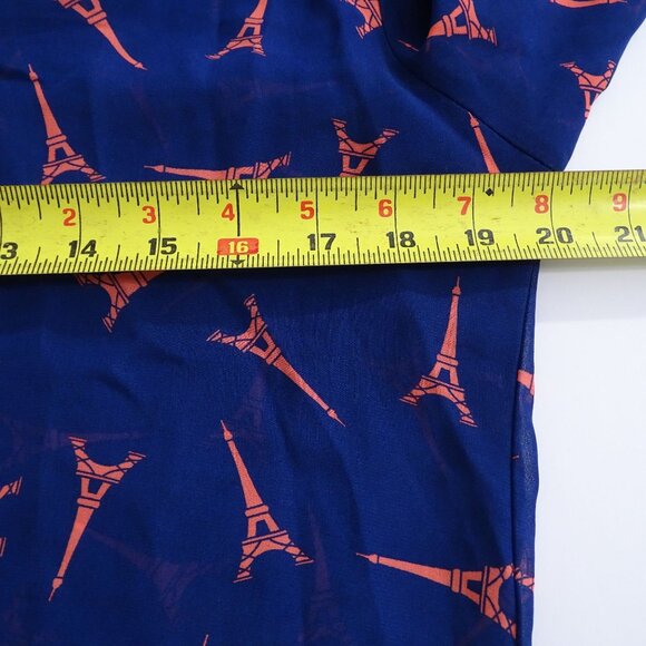 Rue21 Eiffel Tower Print Sheer Blouse Women Size M Blue Coral Roll Tab Sleeve - Picture 8 of 11